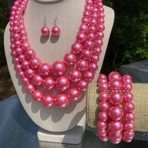 Large Pink Pearl Necklace, Bracelet, and Earrings Set